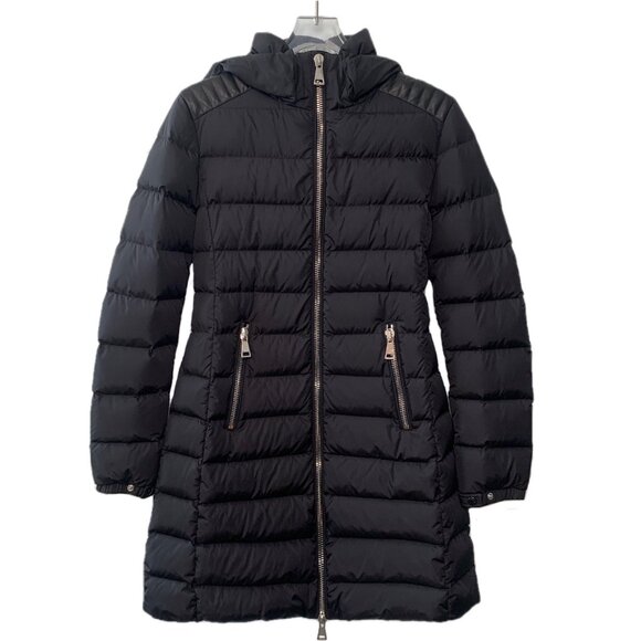 Moncler Black logo-patch hooded zip-up down jacket